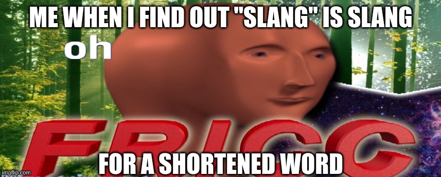 The Slang Conundrum | ME WHEN I FIND OUT "SLANG" IS SLANG; FOR A SHORTENED WORD | image tagged in slang,ohfrick | made w/ Imgflip meme maker