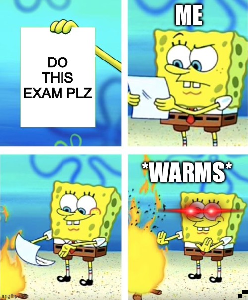 Tests be like | ME; DO THIS EXAM PLZ; *WARMS* | image tagged in funny memes | made w/ Imgflip meme maker