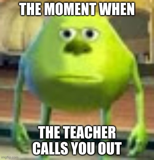 title | THE MOMENT WHEN; THE TEACHER CALLS YOU OUT | image tagged in sully wazowski | made w/ Imgflip meme maker