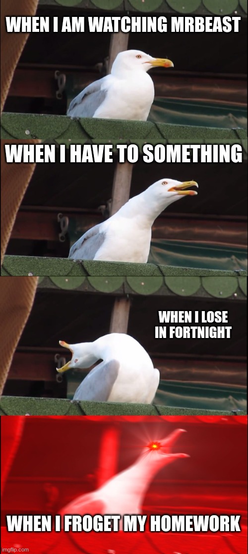 Inhaling Seagull | WHEN I AM WATCHING MRBEAST; WHEN I HAVE TO SOMETHING; WHEN I LOSE IN FORTNIGHT; WHEN I FROGET MY HOMEWORK | image tagged in memes,inhaling seagull | made w/ Imgflip meme maker