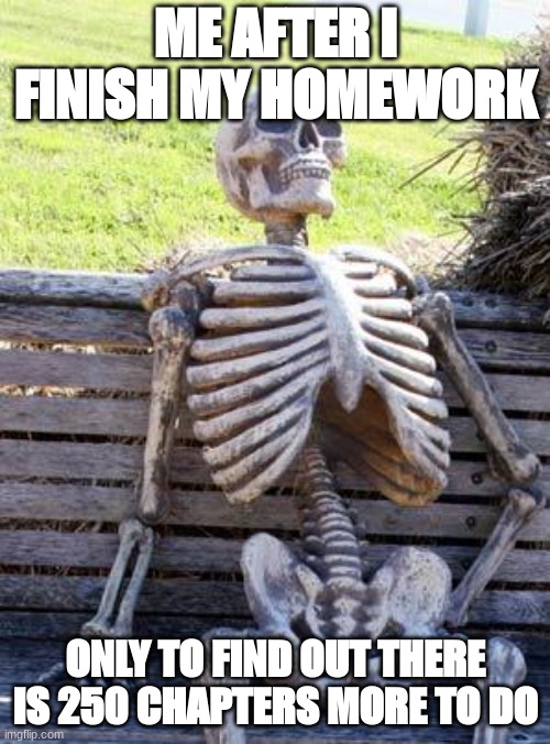 Waiting Skeleton Meme | ME AFTER I FINISH MY HOMEWORK; ONLY TO FIND OUT THERE IS 250 CHAPTERS MORE TO DO | image tagged in memes,waiting skeleton | made w/ Imgflip meme maker