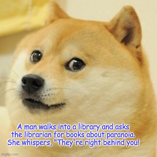 LOL |  A man walks into a library and asks the librarian for books about paranoia. She whispers, "They're right behind you! | image tagged in memes,doge,comedian | made w/ Imgflip meme maker