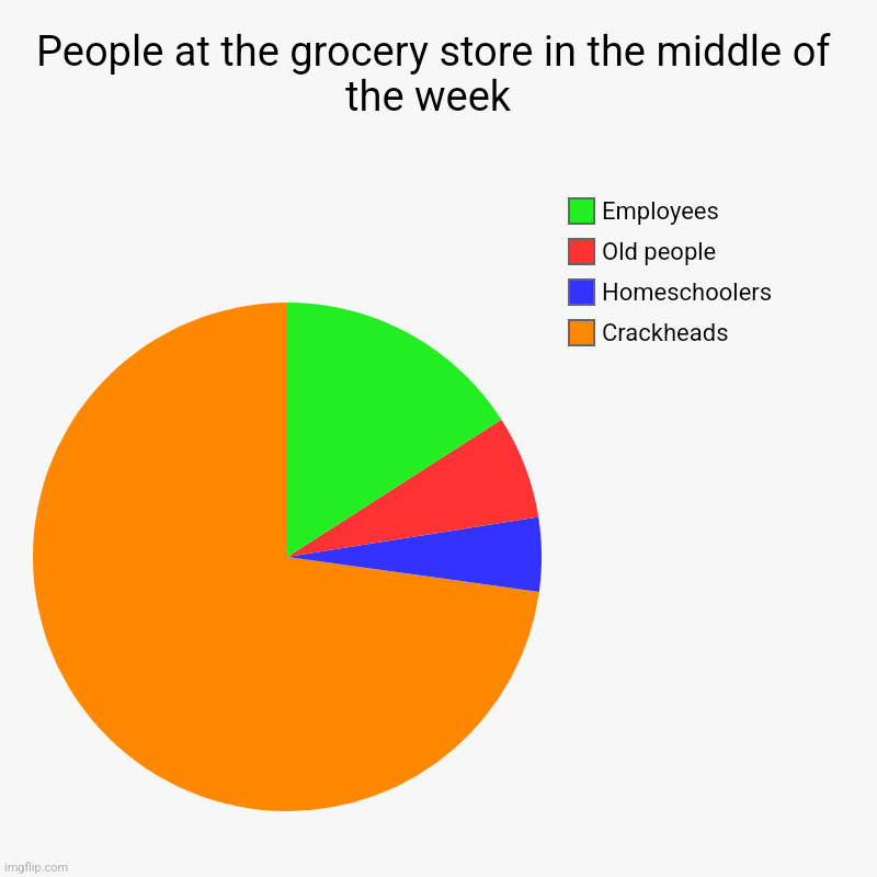 People at the grocery store in the middle of the week  | Crackheads, Homeschoolers , Old people, Employees | image tagged in charts,pie charts | made w/ Imgflip chart maker