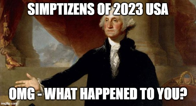 george washington | SIMPTIZENS OF 2023 USA; OMG - WHAT HAPPENED TO YOU? | image tagged in george washington | made w/ Imgflip meme maker