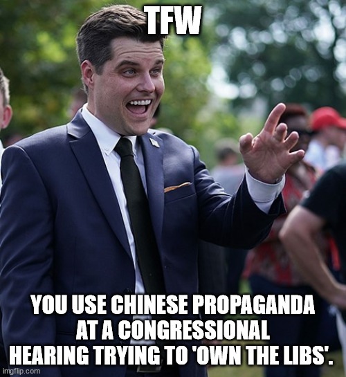 Matt Gaetz | TFW; YOU USE CHINESE PROPAGANDA AT A CONGRESSIONAL HEARING TRYING TO 'OWN THE LIBS'. | image tagged in matt gaetz | made w/ Imgflip meme maker