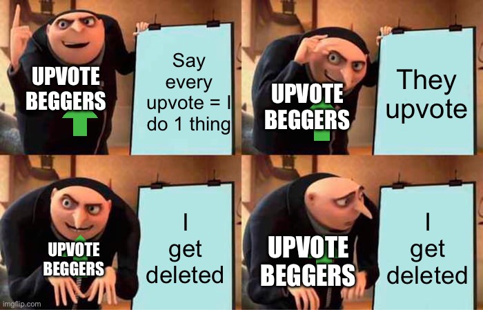 Gru's Plan | Say every upvote = I do 1 thing; They upvote; UPVOTE BEGGERS; UPVOTE BEGGERS; I get deleted; I get deleted; UPVOTE BEGGERS; UPVOTE BEGGERS | image tagged in memes,gru's plan,upvote beggars,nutshell | made w/ Imgflip meme maker