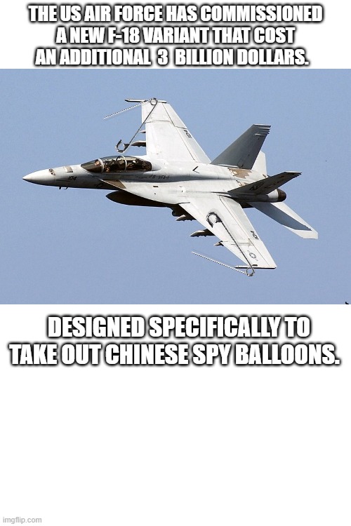 New F-18 Variant | THE US AIR FORCE HAS COMMISSIONED A NEW F-18 VARIANT THAT COST AN ADDITIONAL  3  BILLION DOLLARS. DESIGNED SPECIFICALLY TO TAKE OUT CHINESE SPY BALLOONS. | image tagged in memes,f-18,government | made w/ Imgflip meme maker