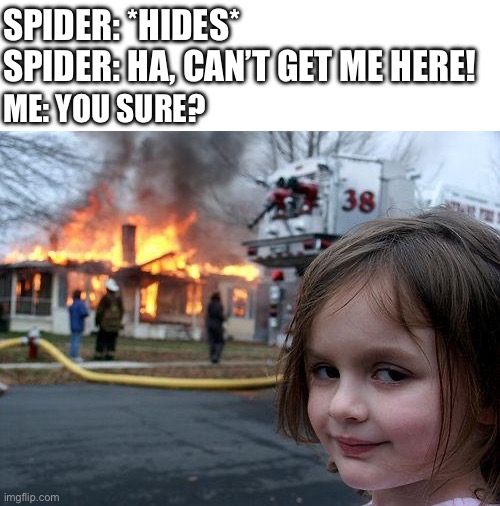 I gotchu | SPIDER: *HIDES*
SPIDER: HA, CAN’T GET ME HERE! ME: YOU SURE? | image tagged in memes,disaster girl | made w/ Imgflip meme maker