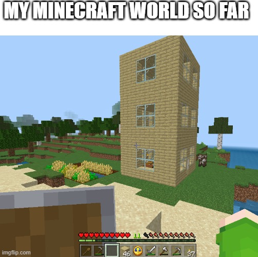 I currently have 4 stories now, I made this when I had 3 |  MY MINECRAFT WORLD SO FAR | image tagged in blank white template | made w/ Imgflip meme maker
