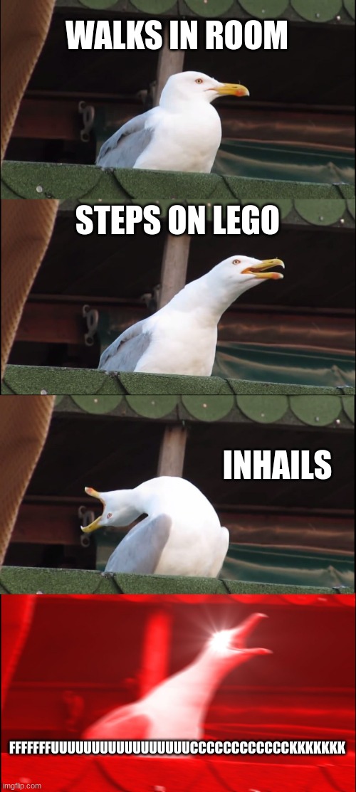 Inhaling Seagull | WALKS IN ROOM; STEPS ON LEGO; INHAILS; FFFFFFFUUUUUUUUUUUUUUUUUCCCCCCCCCCCCKKKKKKK | image tagged in memes,inhaling seagull | made w/ Imgflip meme maker