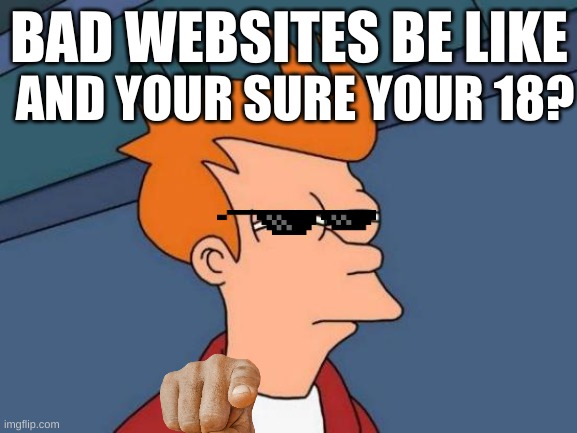 IKR | BAD WEBSITES BE LIKE; AND YOUR SURE YOUR 18? | image tagged in memes,futurama fry | made w/ Imgflip meme maker