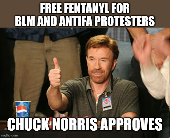 Chuck Norris Approves Meme | FREE FENTANYL FOR BLM AND ANTIFA PROTESTERS CHUCK NORRIS APPROVES | image tagged in memes,chuck norris approves,chuck norris | made w/ Imgflip meme maker