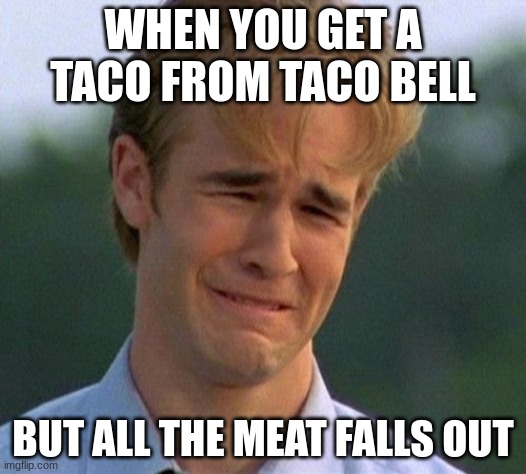 Replica of another one of those plain ol memes | WHEN YOU GET A TACO FROM TACO BELL; BUT ALL THE MEAT FALLS OUT | image tagged in memes,1990s first world problems | made w/ Imgflip meme maker