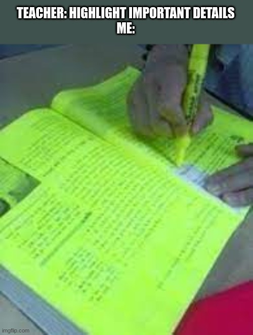 Highlight Book | TEACHER: HIGHLIGHT IMPORTANT DETAILS

ME: | image tagged in highlight book | made w/ Imgflip meme maker