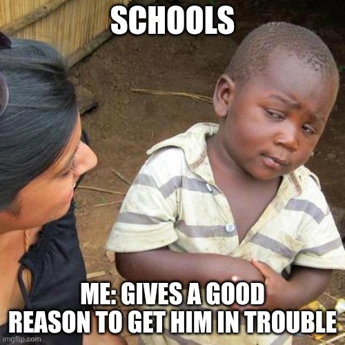 Third World Skeptical Kid | SCHOOLS; ME: GIVES A GOOD REASON TO GET HIM IN TROUBLE | image tagged in memes,third world skeptical kid | made w/ Imgflip meme maker