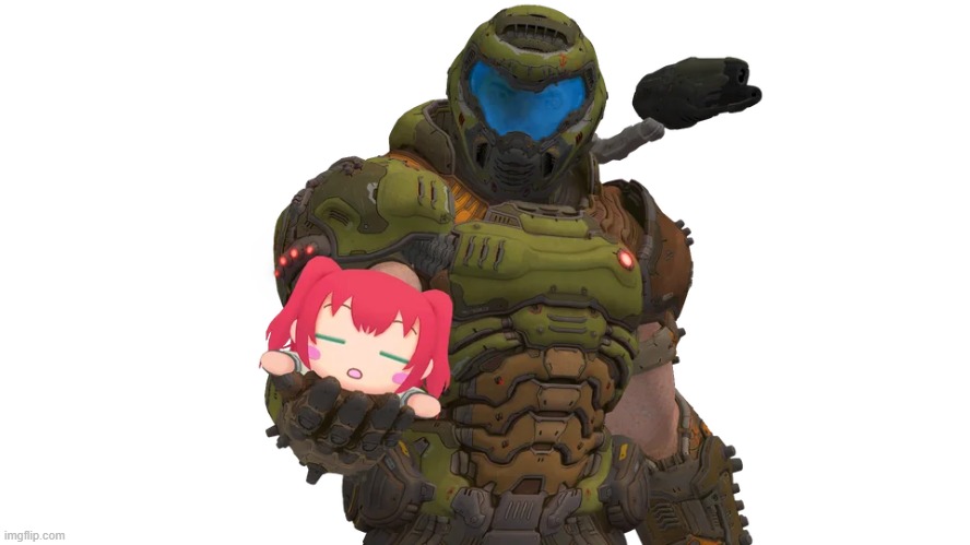 Doomguy with Ruby Plushie | image tagged in doomguy,love live | made w/ Imgflip meme maker