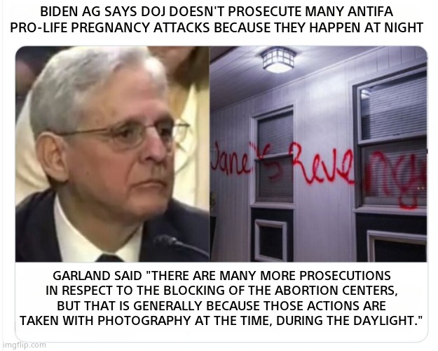 They only come out at night... | BIDEN AG SAYS DOJ DOESN'T PROSECUTE MANY ANTIFA PRO-LIFE PREGNANCY ATTACKS BECAUSE THEY HAPPEN AT NIGHT; GARLAND SAID "THERE ARE MANY MORE PROSECUTIONS IN RESPECT TO THE BLOCKING OF THE ABORTION CENTERS, BUT THAT IS GENERALLY BECAUSE THOSE ACTIONS ARE TAKEN WITH PHOTOGRAPHY AT THE TIME, DURING THE DAYLIGHT." | image tagged in memes,attorney general,merrick garland,antifa,corruption,political meme | made w/ Imgflip meme maker