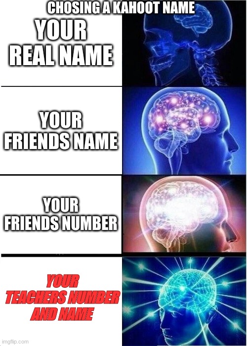 Expanding Brain | CHOSING A KAHOOT NAME; YOUR REAL NAME; YOUR FRIENDS NAME; YOUR FRIENDS NUMBER; YOUR TEACHERS NUMBER AND NAME | image tagged in memes,expanding brain | made w/ Imgflip meme maker