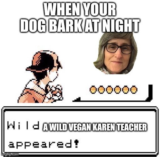 Blank Wild Pokemon Appears | WHEN YOUR DOG BARK AT NIGHT; A WILD VEGAN KAREN TEACHER | image tagged in blank wild pokemon appears | made w/ Imgflip meme maker