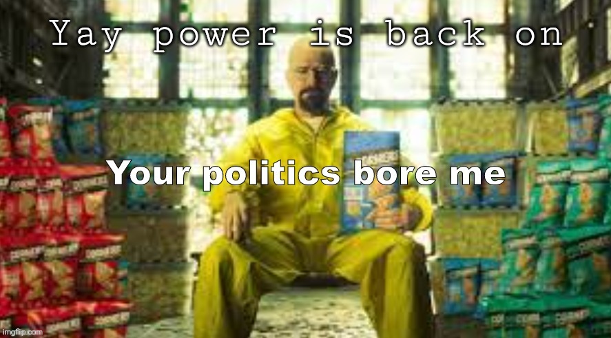 Your Politics bore me (Walter Version) | Yay power is back on | image tagged in your politics bore me walter version | made w/ Imgflip meme maker