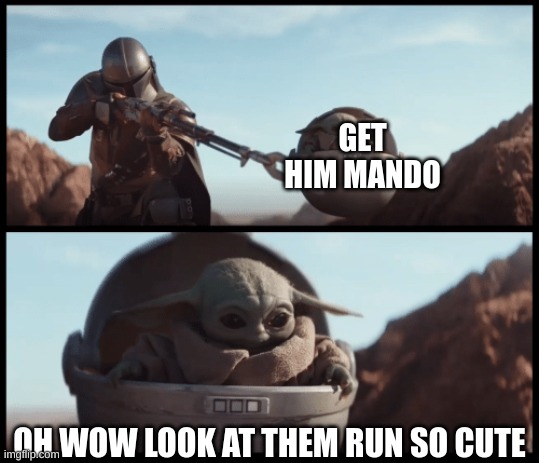 mando | GET HIM MANDO; OH WOW LOOK AT THEM RUN SO CUTE | image tagged in baby yoda | made w/ Imgflip meme maker