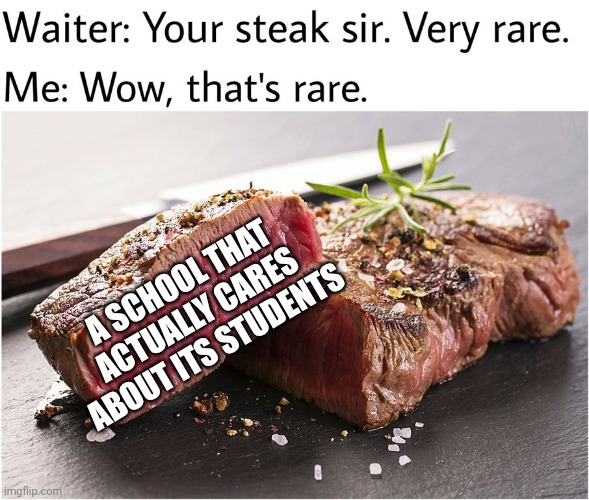 rare steak meme | A SCHOOL THAT ACTUALLY CARES ABOUT ITS STUDENTS | image tagged in rare steak meme | made w/ Imgflip meme maker