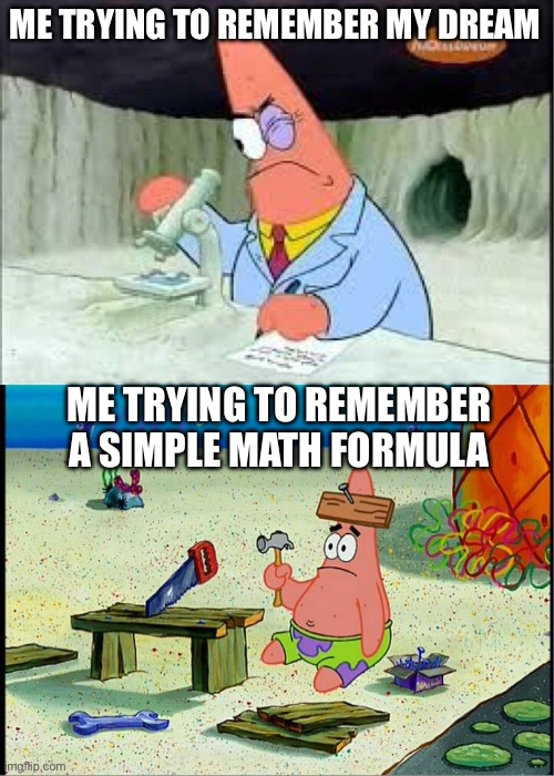 Idk | ME TRYING TO REMEMBER MY DREAM; ME TRYING TO REMEMBER A SIMPLE MATH FORMULA | image tagged in patrick smart dumb,memes,funny memes,funny,school | made w/ Imgflip meme maker