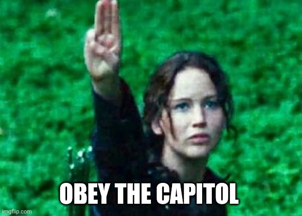 Katniss salute | OBEY THE CAPITOL | image tagged in katniss salute | made w/ Imgflip meme maker