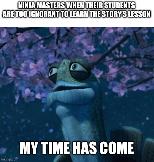 Oogway | NINJA MASTERS WHEN THEIR STUDENTS ARE TOO IGNORANT TO LEARN THE STORY’S LESSON; MY TIME HAS COME | image tagged in oogway | made w/ Imgflip meme maker
