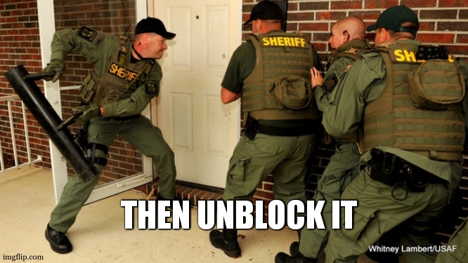 FBI open up | THEN UNBLOCK IT | image tagged in fbi open up | made w/ Imgflip meme maker