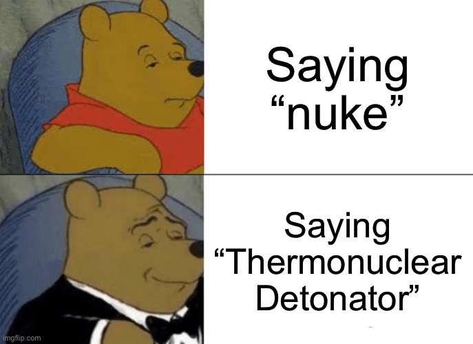 Nuke vs Thermonuclear Detonator | Saying “nuke”; Saying “Thermonuclear Detonator” | image tagged in memes,tuxedo winnie the pooh | made w/ Imgflip meme maker