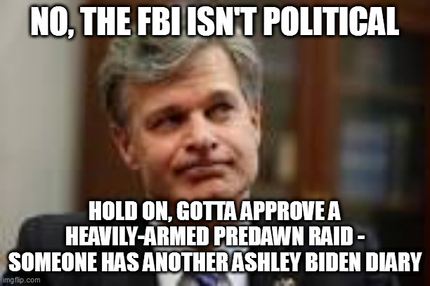 NO, THE FBI ISN'T POLITICAL; HOLD ON, GOTTA APPROVE A HEAVILY-ARMED PREDAWN RAID - SOMEONE HAS ANOTHER ASHLEY BIDEN DIARY | image tagged in memes | made w/ Imgflip meme maker