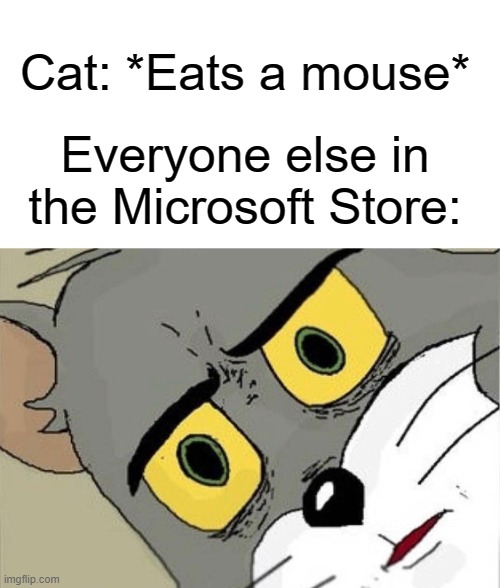Unsettled Tom | Cat: *Eats a mouse*; Everyone else in the Microsoft Store: | image tagged in unsettled tom,memes | made w/ Imgflip meme maker