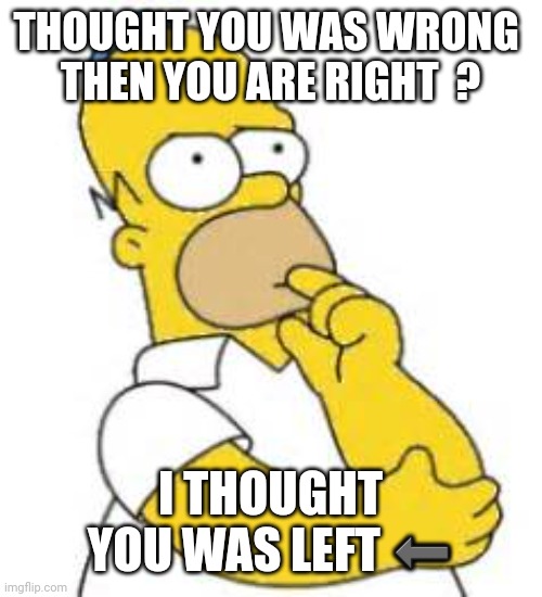 Homer Simpson Hmmmm | THOUGHT YOU WAS WRONG 
THEN YOU ARE RIGHT  ? I THOUGHT YOU WAS LEFT ⬅ | image tagged in homer simpson hmmmm | made w/ Imgflip meme maker
