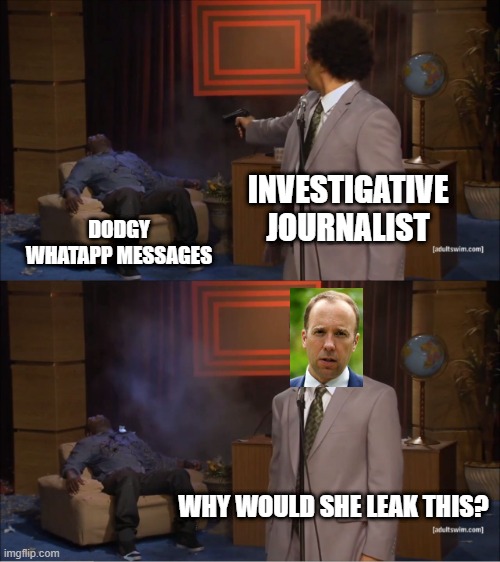 Matt Hancock | INVESTIGATIVE JOURNALIST; DODGY WHATAPP MESSAGES; WHY WOULD SHE LEAK THIS? | image tagged in memes,who killed hannibal | made w/ Imgflip meme maker