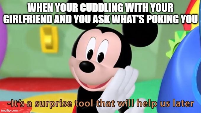 Hmm i wonder what's poking me | WHEN YOUR CUDDLING WITH YOUR GIRLFRIEND AND YOU ASK WHAT'S POKING YOU | image tagged in mickey mouse tool | made w/ Imgflip meme maker