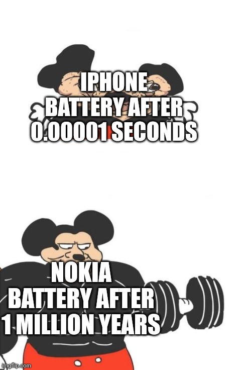 A meme to call | IPHONE BATTERY AFTER 0.00001 SECONDS; NOKIA BATTERY AFTER 1 MILLION YEARS | image tagged in buff mickey mouse | made w/ Imgflip meme maker