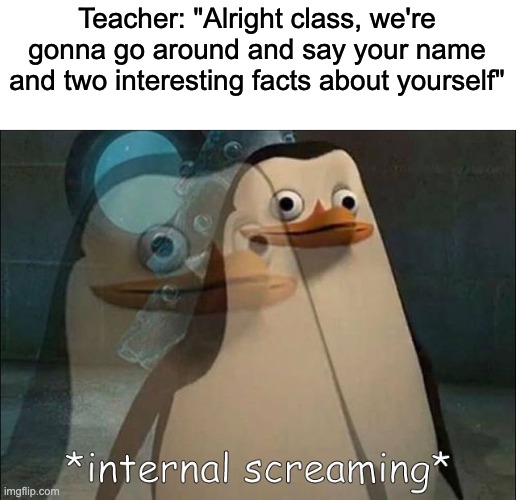 Anyone else hate this? ;-; | Teacher: "Alright class, we're gonna go around and say your name and two interesting facts about yourself" | image tagged in private internal screaming | made w/ Imgflip meme maker