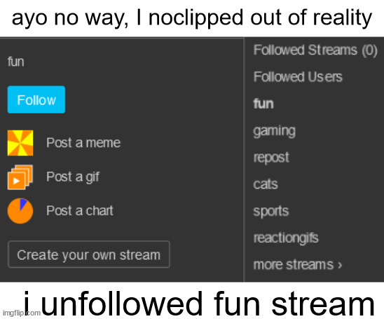 in case someone leaves a comment like this, I KNOW THAT YOU CANT REALLY MAKE THE FRONT PAGE BLANK AND IT CLEARLY DOESN'T MEAN YO | ayo no way, I noclipped out of reality; i unfollowed fun stream | image tagged in noclipped out of reality,funny memes,memes,fun stream | made w/ Imgflip meme maker