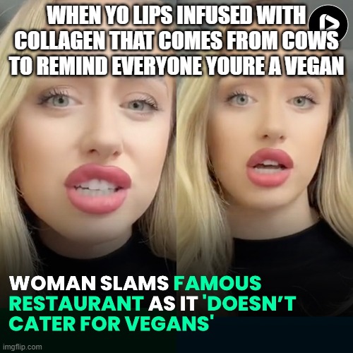 save the animals |  WHEN YO LIPS INFUSED WITH COLLAGEN THAT COMES FROM COWS TO REMIND EVERYONE YOURE A VEGAN | image tagged in veganism,vegan,hot women,dumb people,stupid people,funny af | made w/ Imgflip meme maker