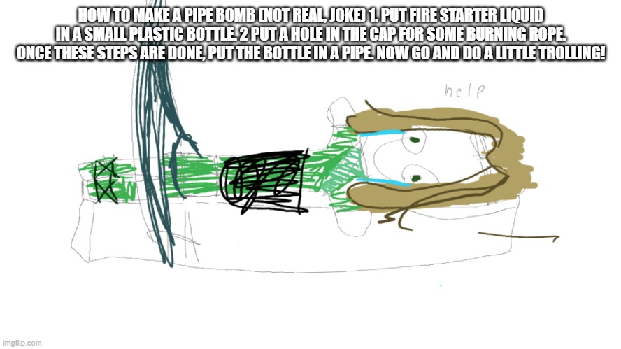 HOW TO MAKE A PIPE BOMB (NOT REAL, JOKE) 1. PUT FIRE STARTER LIQUID IN A SMALL PLASTIC BOTTLE. 2 PUT A HOLE IN THE CAP FOR SOME BURNING ROPE. ONCE THESE STEPS ARE DONE, PUT THE BOTTLE IN A PIPE. NOW GO AND DO A LITTLE TROLLING! | image tagged in lloyd in the femr breaker badly drawn | made w/ Imgflip meme maker