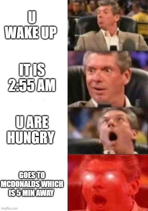 Mr. McMahon reaction | U WAKE UP; IT IS 2:55 AM; U ARE HUNGRY; GOES TO MCDONALDS WHICH IS 5 MIN AWAY | image tagged in mr mcmahon reaction | made w/ Imgflip meme maker