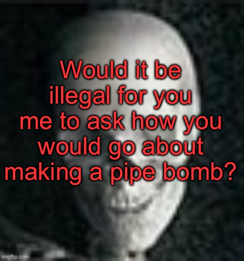 Asking for a friend | Would it be illegal for you me to ask how you would go about making a pipe bomb? | image tagged in skull | made w/ Imgflip meme maker