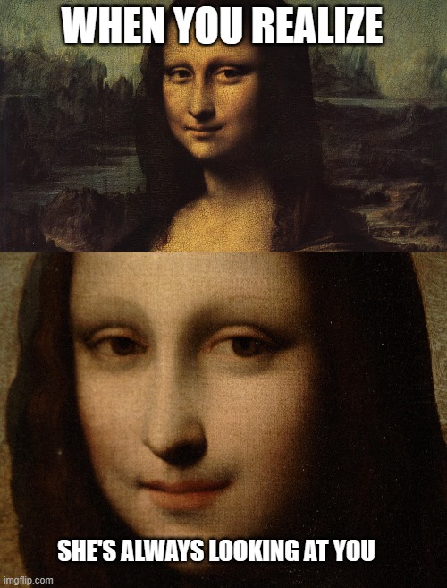 Mona Lisa Meme |  WHEN YOU REALIZE; SHE'S ALWAYS LOOKING AT YOU | image tagged in mona lisa | made w/ Imgflip meme maker