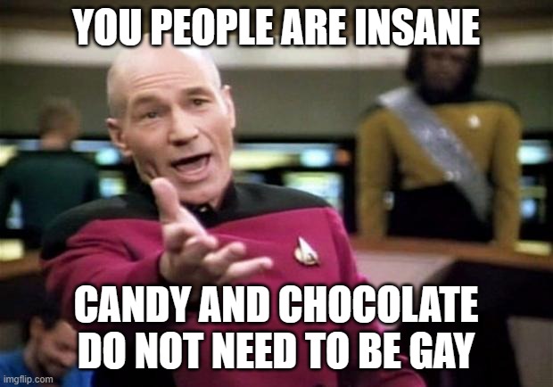 startrek | YOU PEOPLE ARE INSANE; CANDY AND CHOCOLATE DO NOT NEED TO BE GAY | image tagged in startrek | made w/ Imgflip meme maker