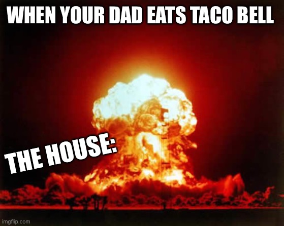 When your dad eats Taco Bell | WHEN YOUR DAD EATS TACO BELL; THE HOUSE: | image tagged in memes,nuclear explosion | made w/ Imgflip meme maker
