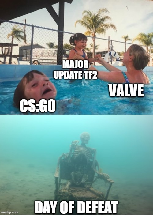 Swimming Pool Kids | MAJOR UPDATE TF2; VALVE; CS:GO; DAY OF DEFEAT | image tagged in swimming pool kids | made w/ Imgflip meme maker