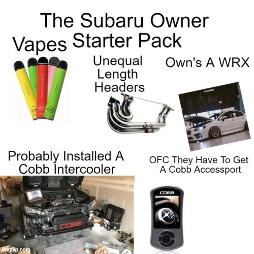 The Subaru Owner Starter Pack | image tagged in starter pack,memes,funny,repost,cars,subaru | made w/ Imgflip meme maker