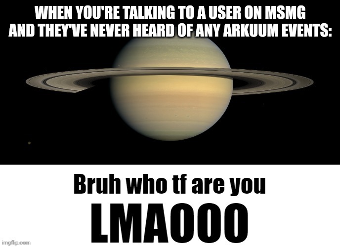 still can't comment btw | WHEN YOU'RE TALKING TO A USER ON MSMG AND THEY'VE NEVER HEARD OF ANY ARKUUM EVENTS: | image tagged in bruh who tf are you lmaooo | made w/ Imgflip meme maker
