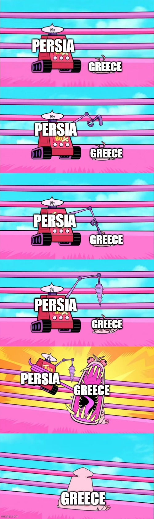The Greco-Persian Wars In A Nutshell | PERSIA; GREECE; PERSIA; GREECE; PERSIA; GREECE; PERSIA; GREECE; PERSIA; GREECE; GREECE | image tagged in pain bot vs silkie,greco persian wars,greco-persian wars,greece,persia,nutshell | made w/ Imgflip meme maker